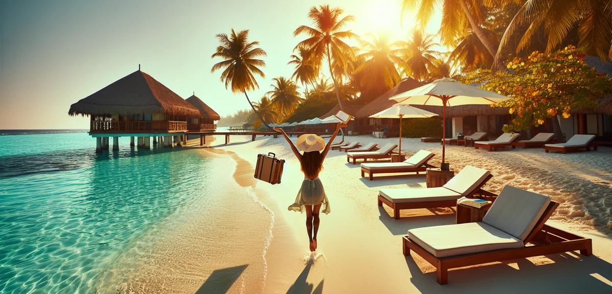 Happy traveler at tropical beach resort, clear turquoise water, professional travel photography, gol