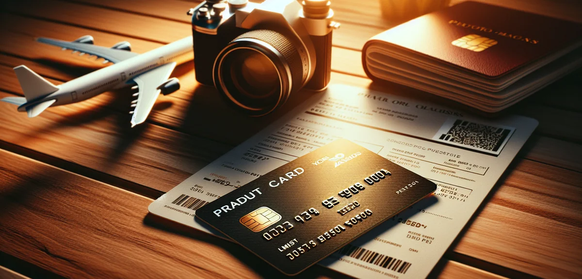 Close-up of airline branded credit card on wooden desk with boarding pass, professional product phot