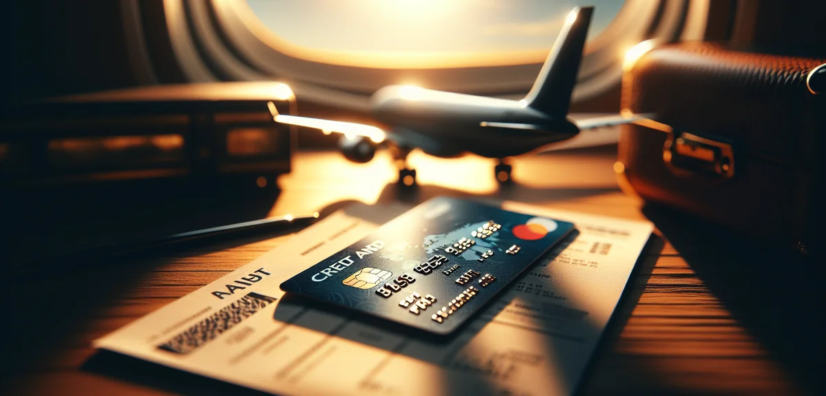 Close-up of airline branded credit card on wooden desk with boarding pass, professional product phot