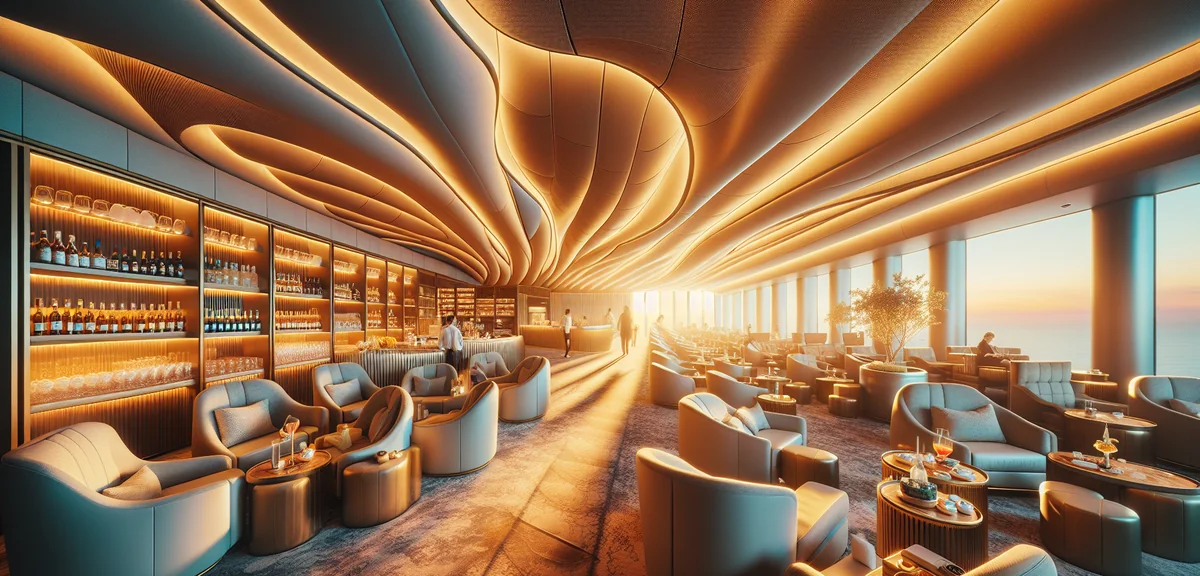 Premium airline lounge interior with comfortable seating and refreshments, professional architectura