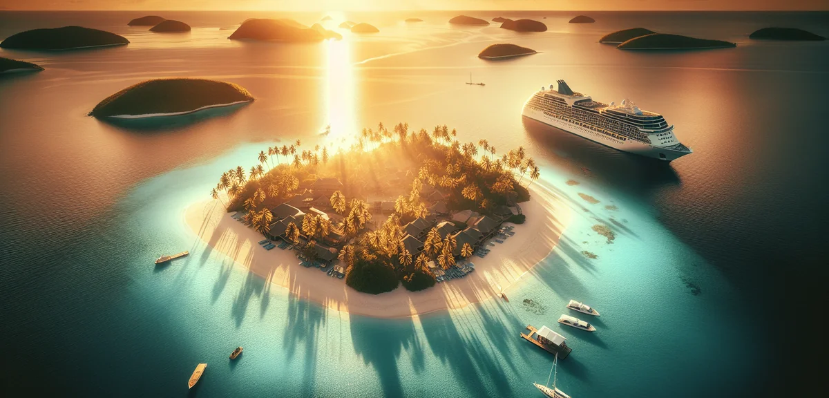 Aerial view of tropical Caribbean island with turquoise lagoon and white sand beach, cruise ship in