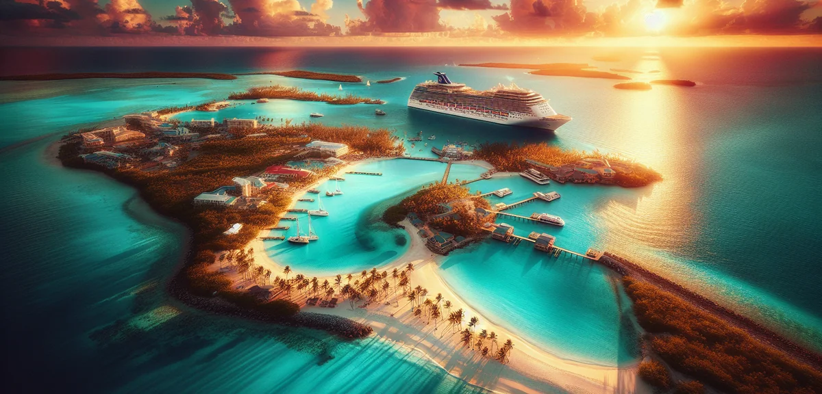 Aerial view of tropical Caribbean island with turquoise lagoon and white sand beach, cruise ship in