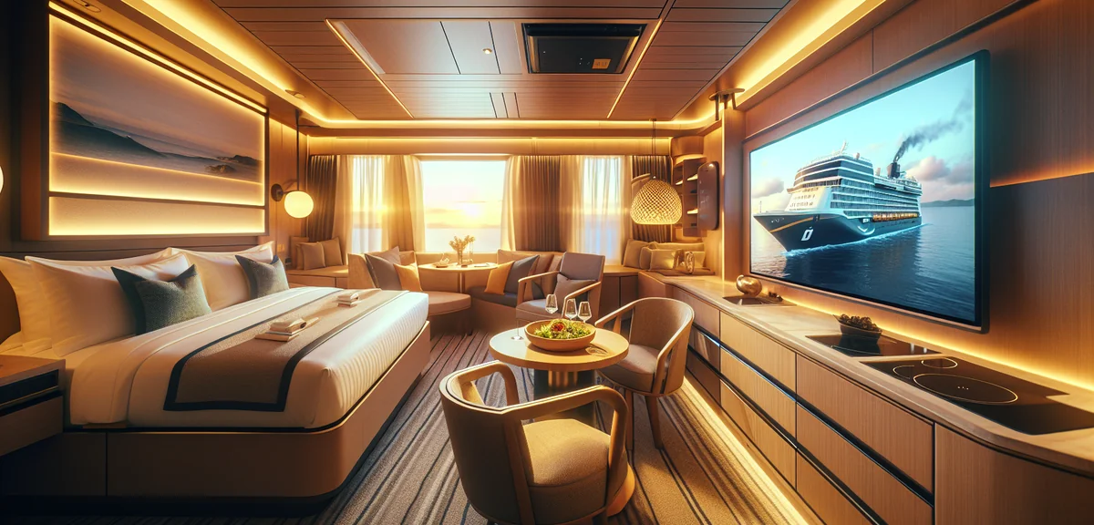Cruise ship interior cabin with comfortable bed and modern amenities, professional hospitality photo