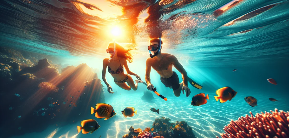 Snorkeling couple in crystal clear Caribbean water with colorful tropical fish, professional underwa