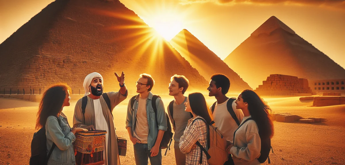 Egyptian pyramids with local guide explaining to tourists, professional travel photography, bright d