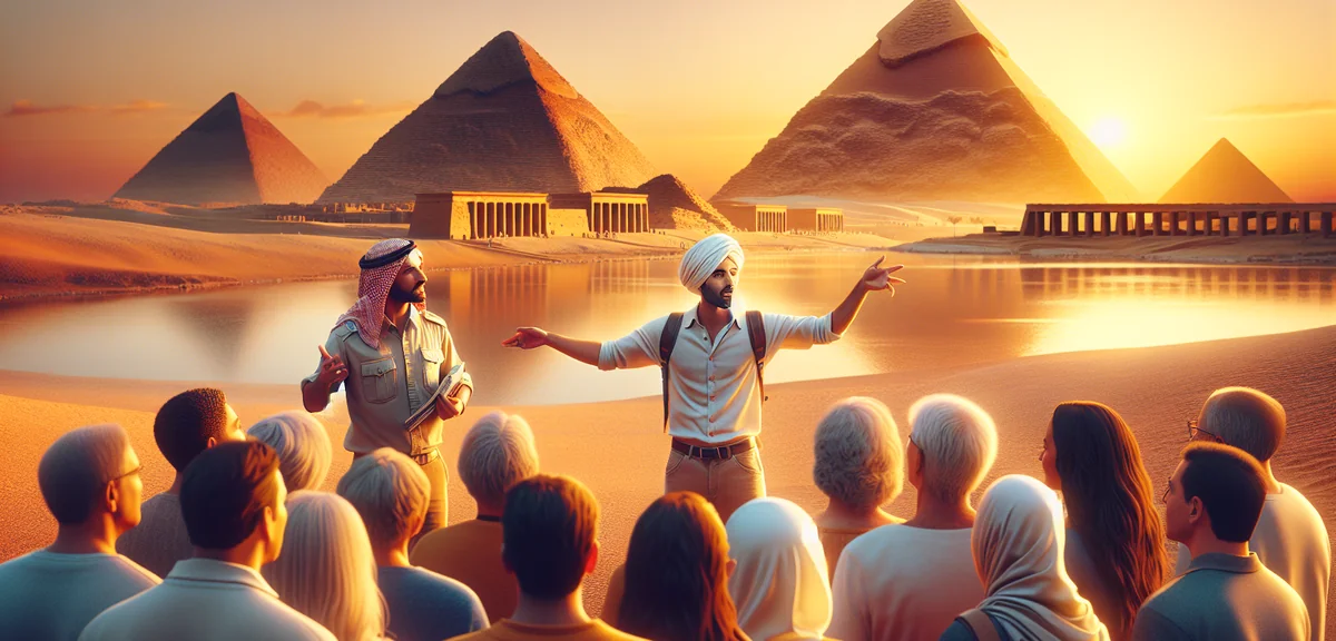 Egyptian pyramids with local guide explaining to tourists, professional travel photography, bright d