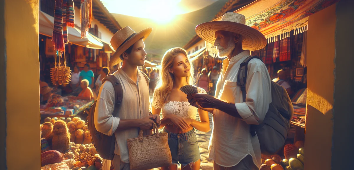 Tourists negotiating with local tour guide at outdoor market, professional travel photography, brigh