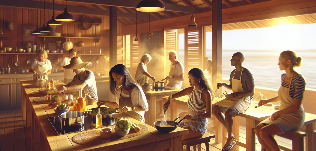 Traditional cooking class with tourists learning local cuisine, professional culinary photography, b