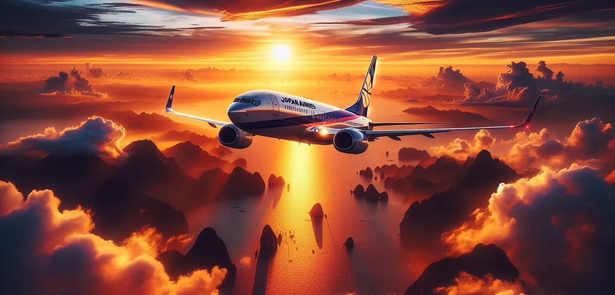 JAL airplane taking off at sunset with beautiful sky, cinematic aviation photography, professional q
