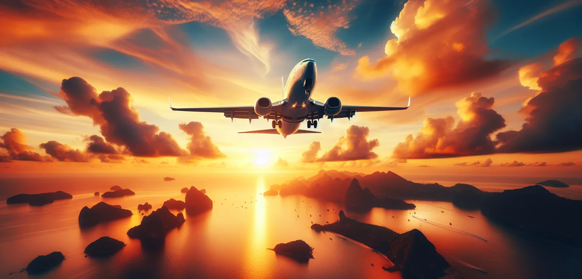 JAL airplane taking off at sunset with beautiful sky, cinematic aviation photography, professional q