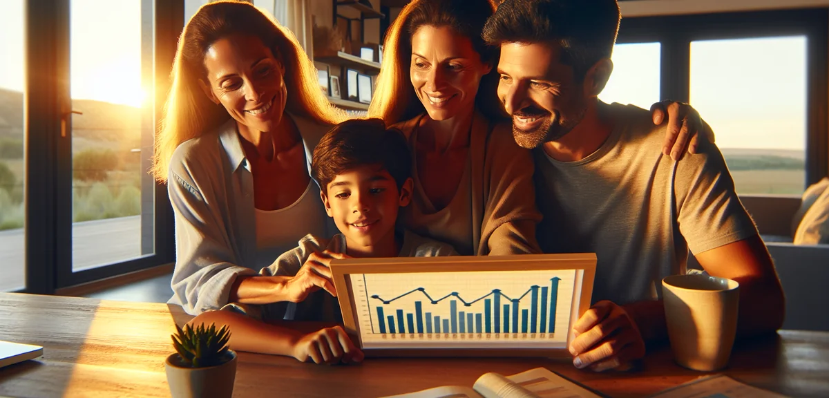 Happy family looking at savings chart showing growth, modern home interior, warm natural lighting, p