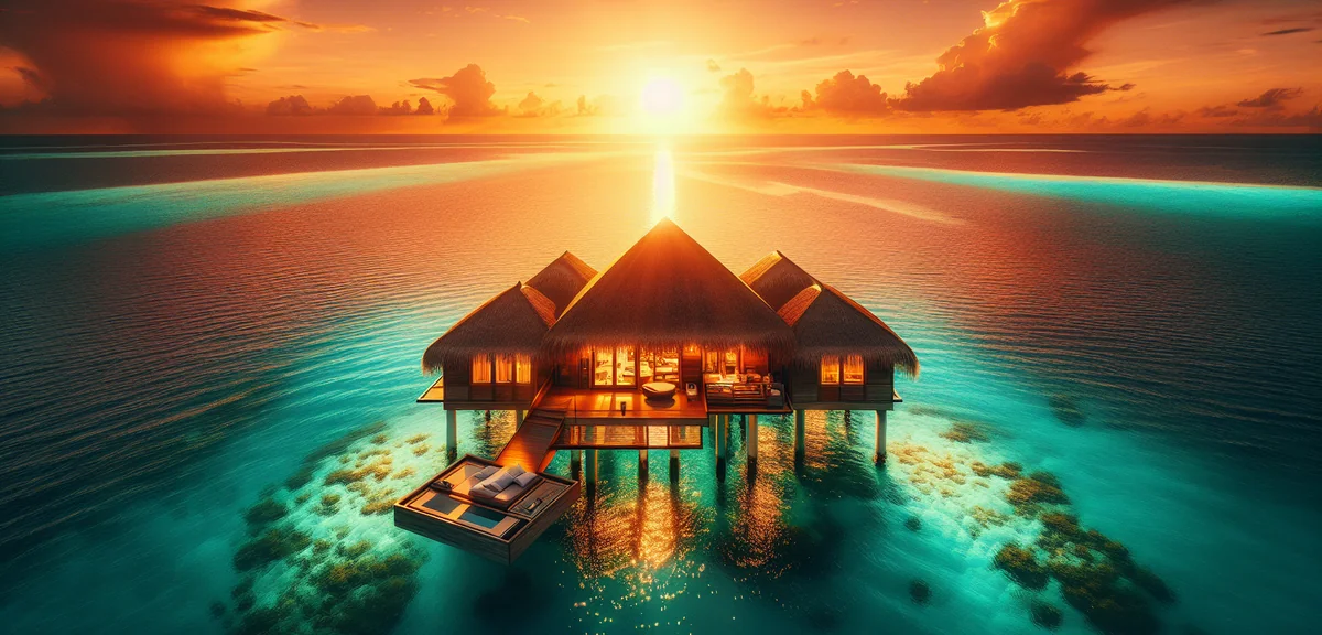Luxury Maldives overwater bungalow at sunset, turquoise ocean, cinematic travel photography, profess