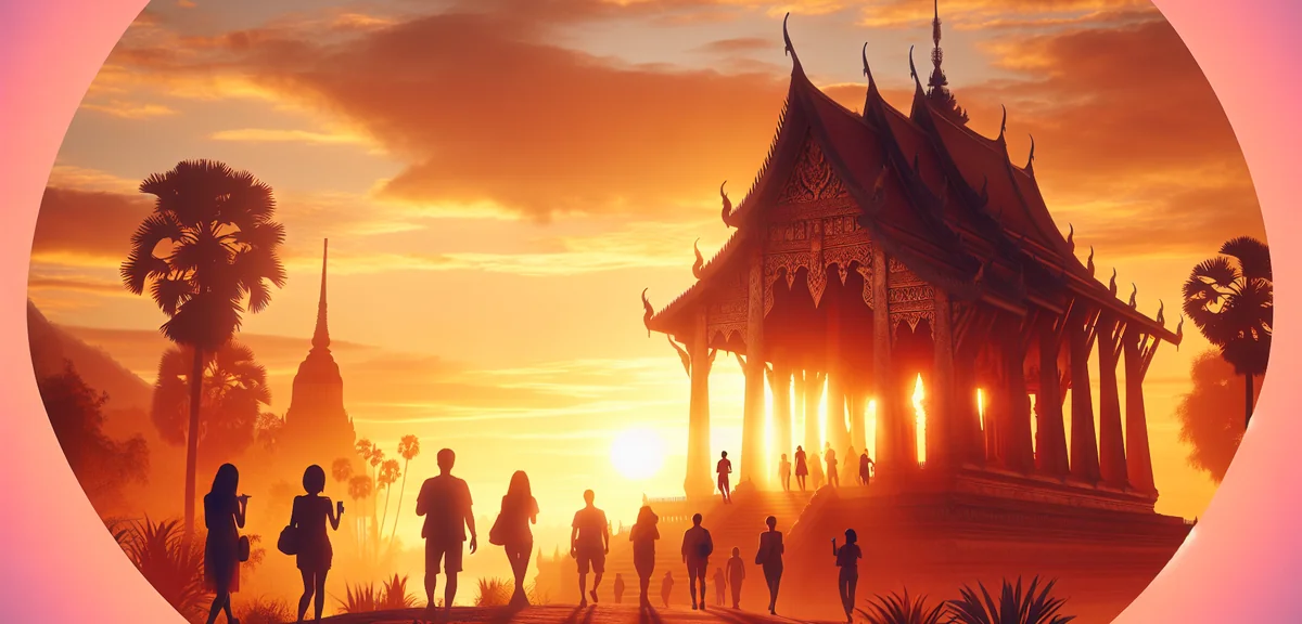 Southeast Asian temple at sunset with tourists, cinematic travel photography, professional quality,