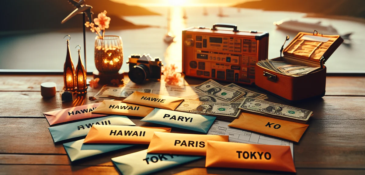 Colorful money envelopes with destination labels like Hawaii, Paris, Tokyo, organized neatly on desk