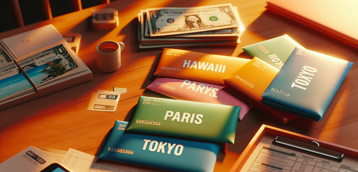 Colorful money envelopes with destination labels like Hawaii, Paris, Tokyo, organized neatly on desk