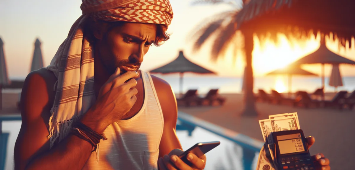 Person looking worried at savings balance on phone, contemplating spending, professional lifestyle p