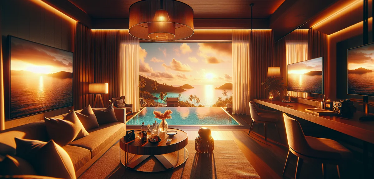 Luxury hotel room with ocean view, professional travel photography, bright natural lighting, 8k ultr