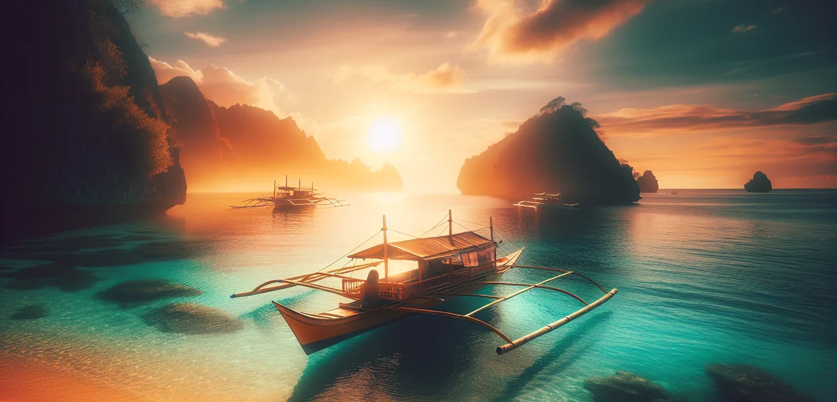 Traditional Filipino boat (banca) on turquoise water near Oslob beach at sunrise, cinematic travel p