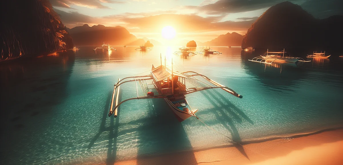 Traditional Filipino boat (banca) on turquoise water near Oslob beach at sunrise, cinematic travel p