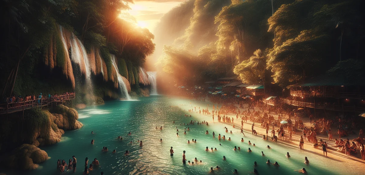 Kawasan Falls Cebu with turquoise water and tourists swimming, cinematic travel photography, lush gr