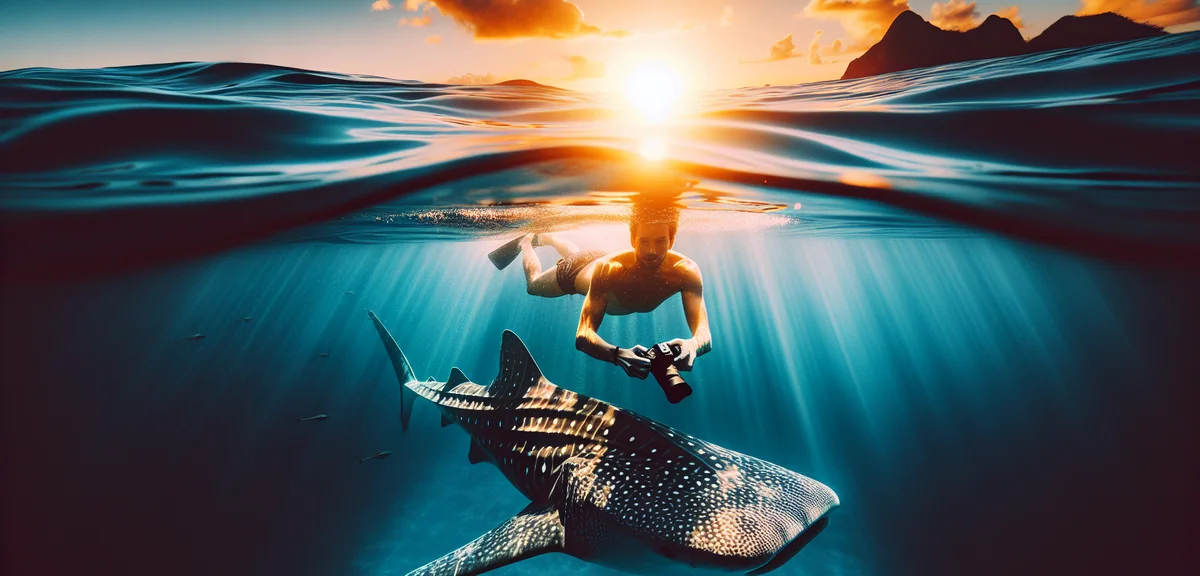 Tourist following safety guidelines while swimming near whale shark, underwater photography, clear b