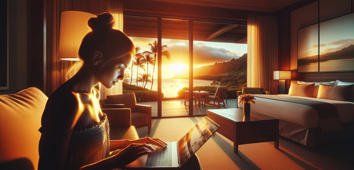 Person booking Hawaii tour on laptop with tropical view from hotel room, professional lifestyle phot