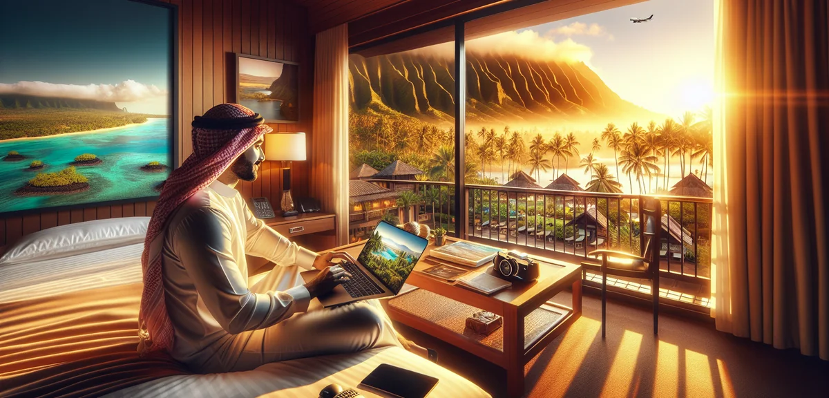 Person booking Hawaii tour on laptop with tropical view from hotel room, professional lifestyle phot