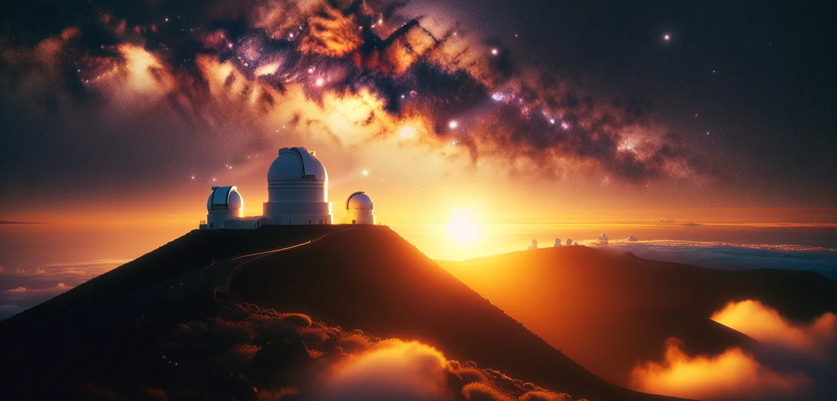 Milky Way galaxy over Mauna Kea summit with silhouette of observatory domes, professional astrophoto