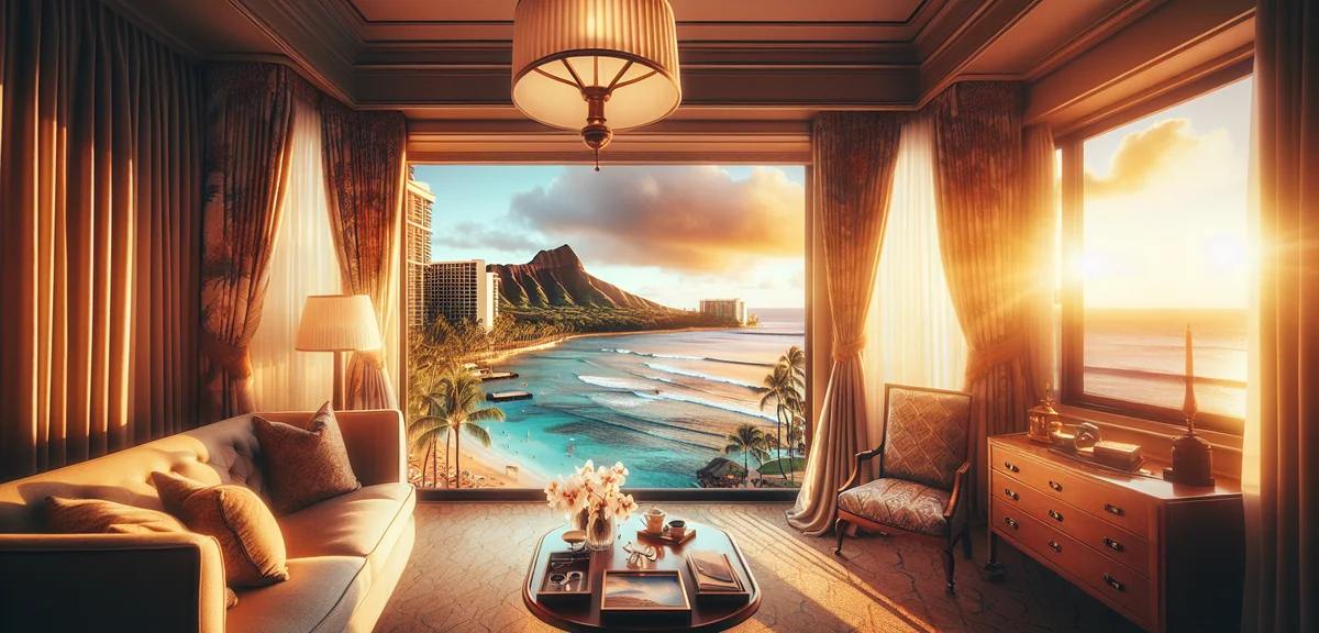 Luxurious Waikiki hotel room with ocean view and Diamond Head in background, professional hotel phot