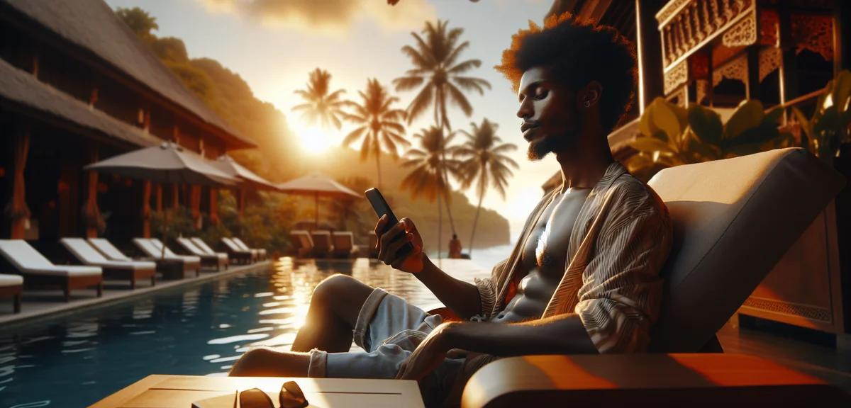 Person booking Bali tour on smartphone at poolside resort, professional lifestyle photography, tropi