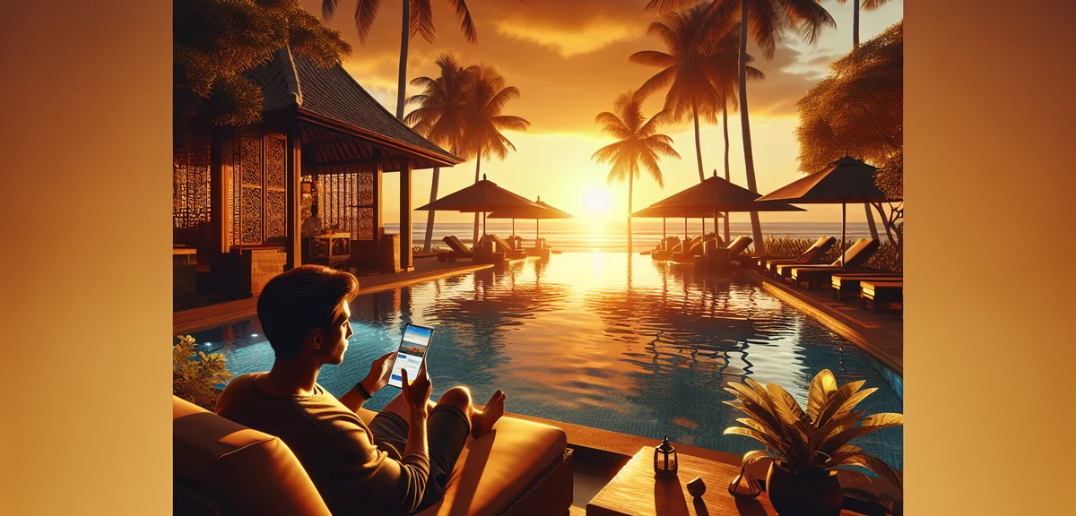 Person booking Bali tour on smartphone at poolside resort, professional lifestyle photography, tropi