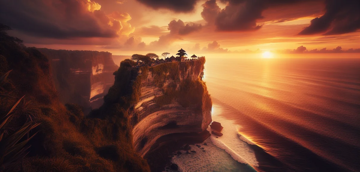 Uluwatu temple perched on dramatic cliff overlooking ocean at sunset, cinematic travel photography,