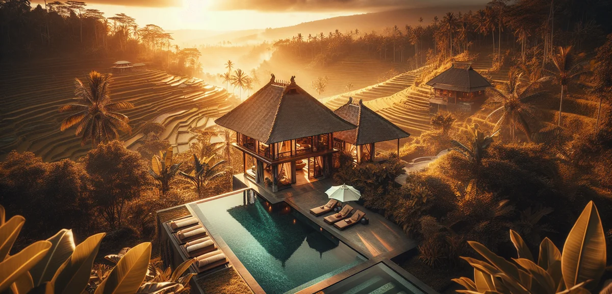 Luxury private villa with infinity pool overlooking Bali rice terraces, professional travel photogra