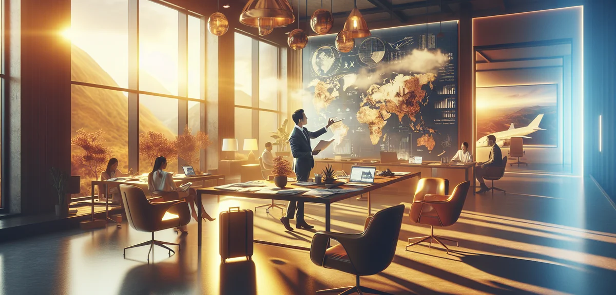 Financial advisor explaining travel savings plan with charts, professional office setting, warm ligh
