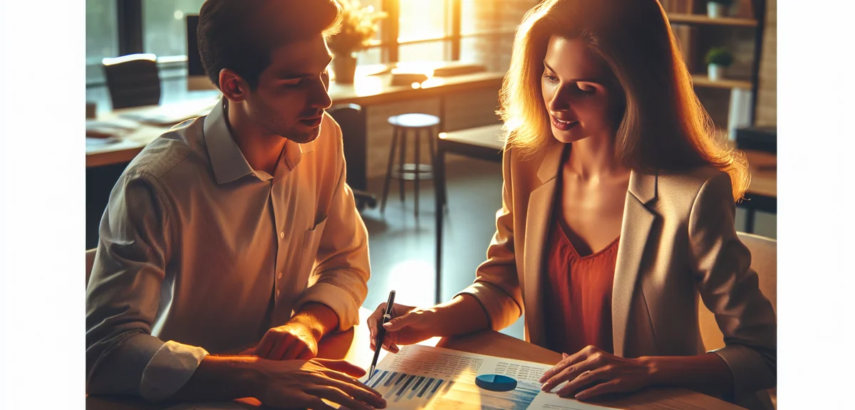 Financial advisor explaining travel savings plan with charts, professional office setting, warm ligh