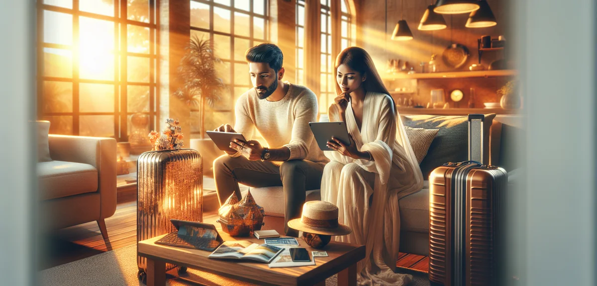Couple comparing travel prices on multiple devices, bright living room, natural window light, profes