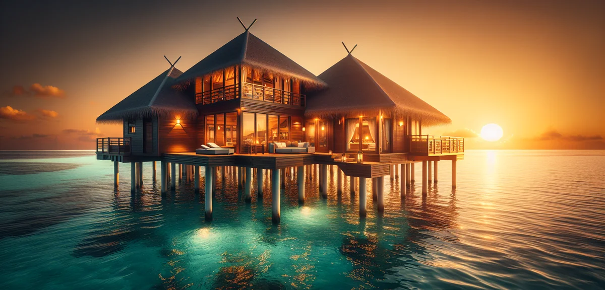 Luxury Maldives overwater villa at sunset, turquoise ocean, cinematic travel photography, golden hou