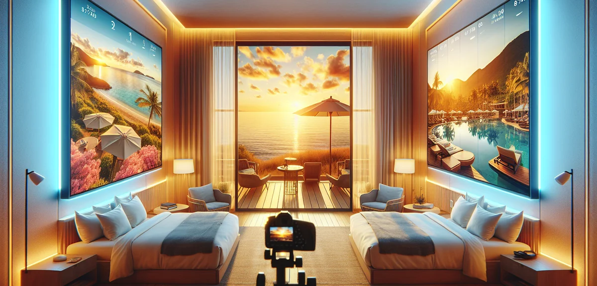 Hotel room comparison showing same room at different prices on various booking sites, clean infograp