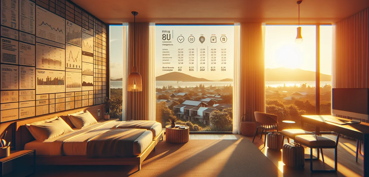 Hotel room comparison showing same room at different prices on various booking sites, clean infograp