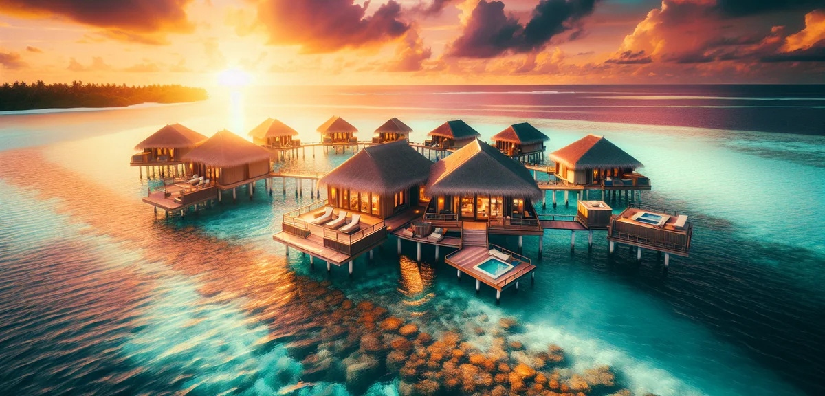 Stunning Maldives overwater bungalow resort at sunset, aerial view, turquoise water, cinematic trave