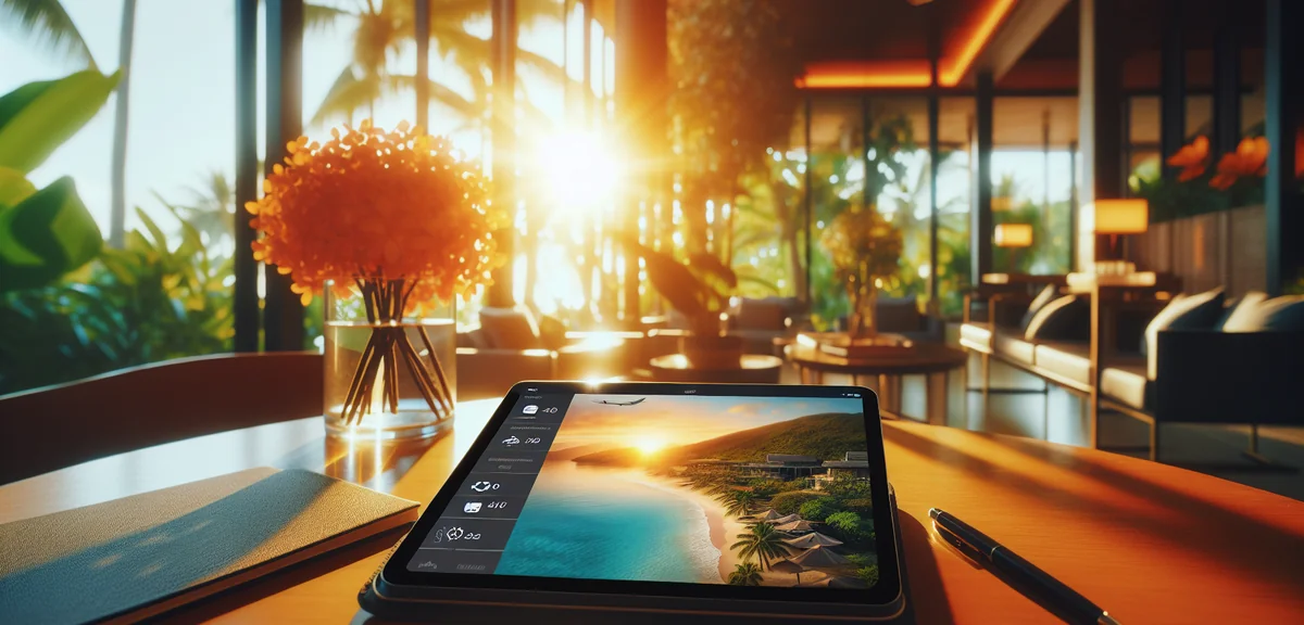 Travel booking apps displayed on tablet screen at tropical resort lobby, professional product photog
