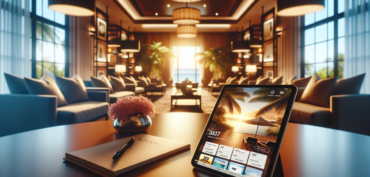 Travel booking apps displayed on tablet screen at tropical resort lobby, professional product photog