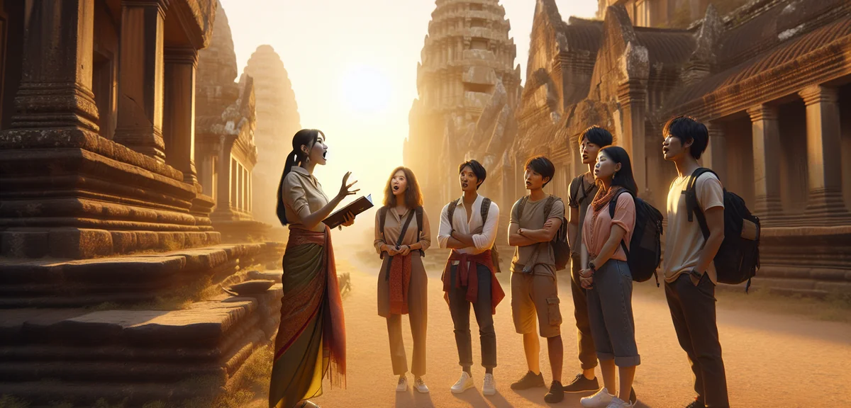 Tour guide explaining ancient ruins to group of Japanese tourists, professional travel photography,