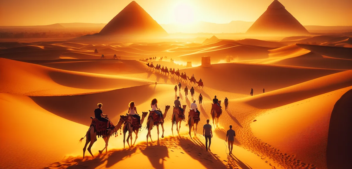 Tourists riding camels near Egyptian pyramids at golden hour, cinematic travel photography, warm des