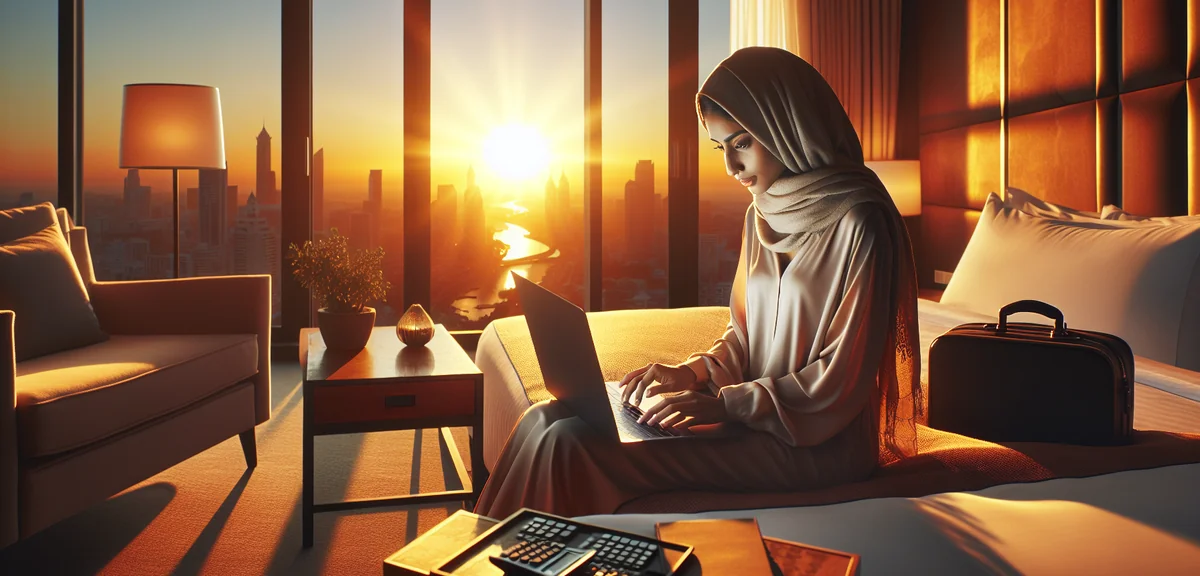 Person smoothly booking tour on laptop at hotel room with city view, professional lifestyle photogra