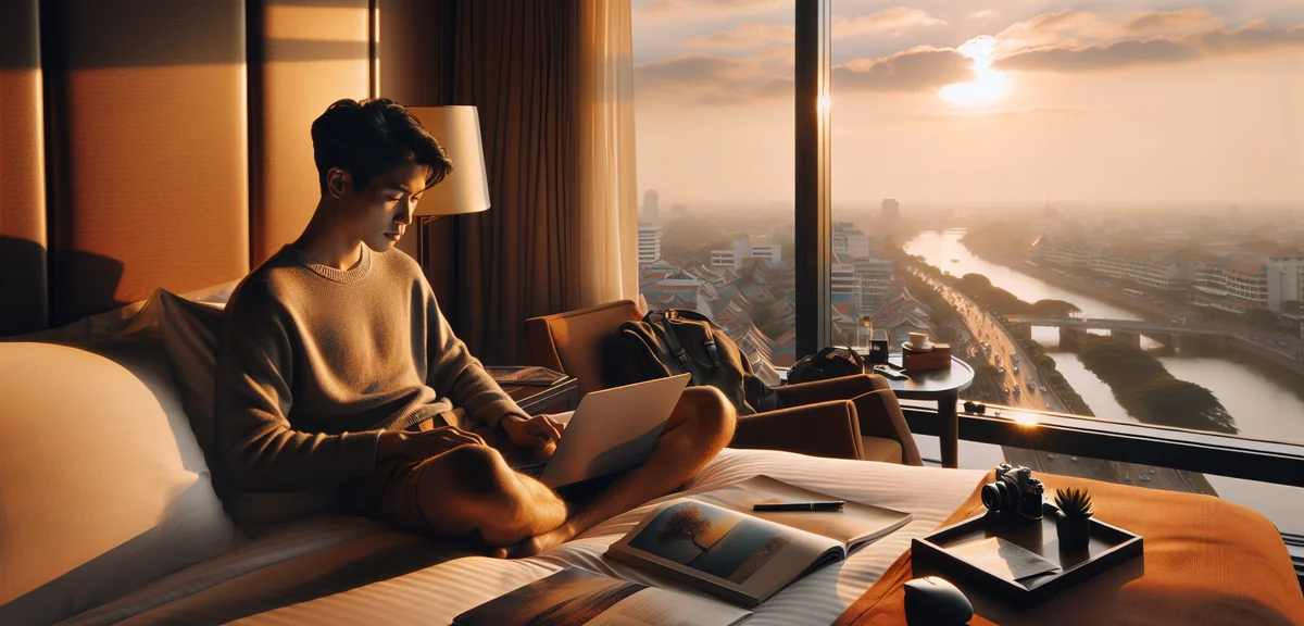 Person smoothly booking tour on laptop at hotel room with city view, professional lifestyle photogra