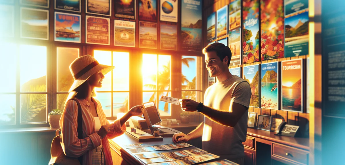 Tourist receiving discount coupon from local tourism office, colorful travel posters on wall, profes