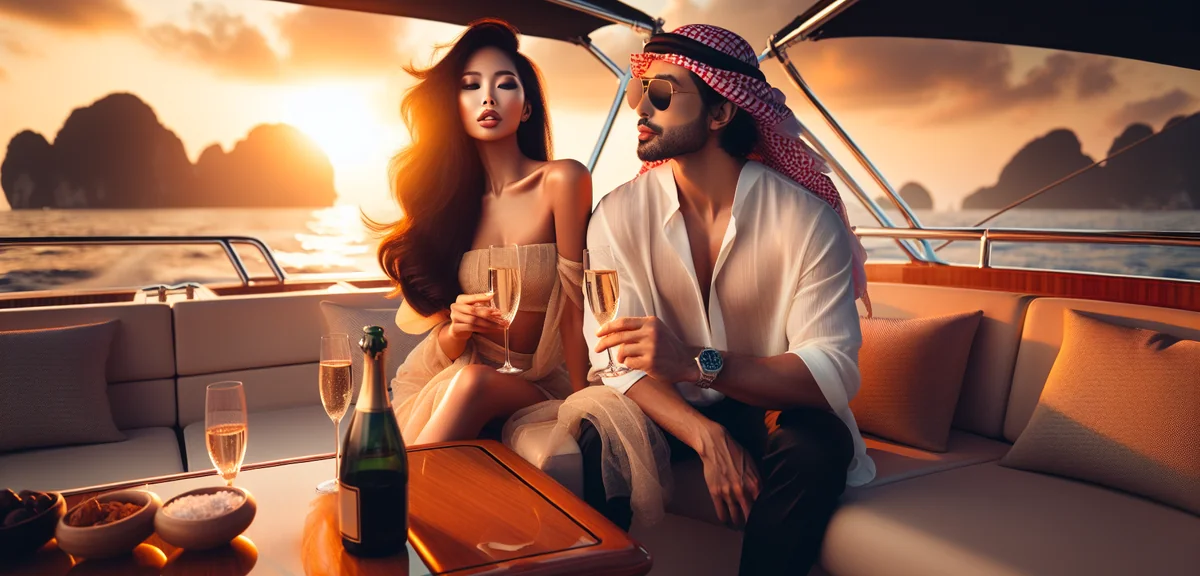 Luxury sunset yacht cruise with couple enjoying champagne, cinematic travel photography, golden hour