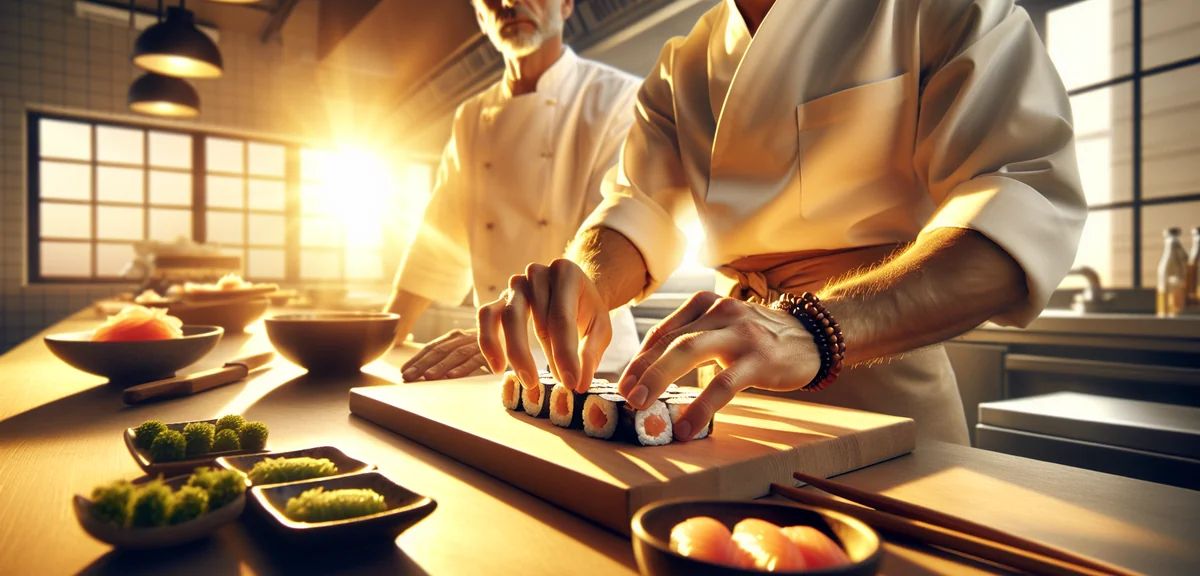 Person learning sushi making from professional chef, close-up hands forming sushi, professional food