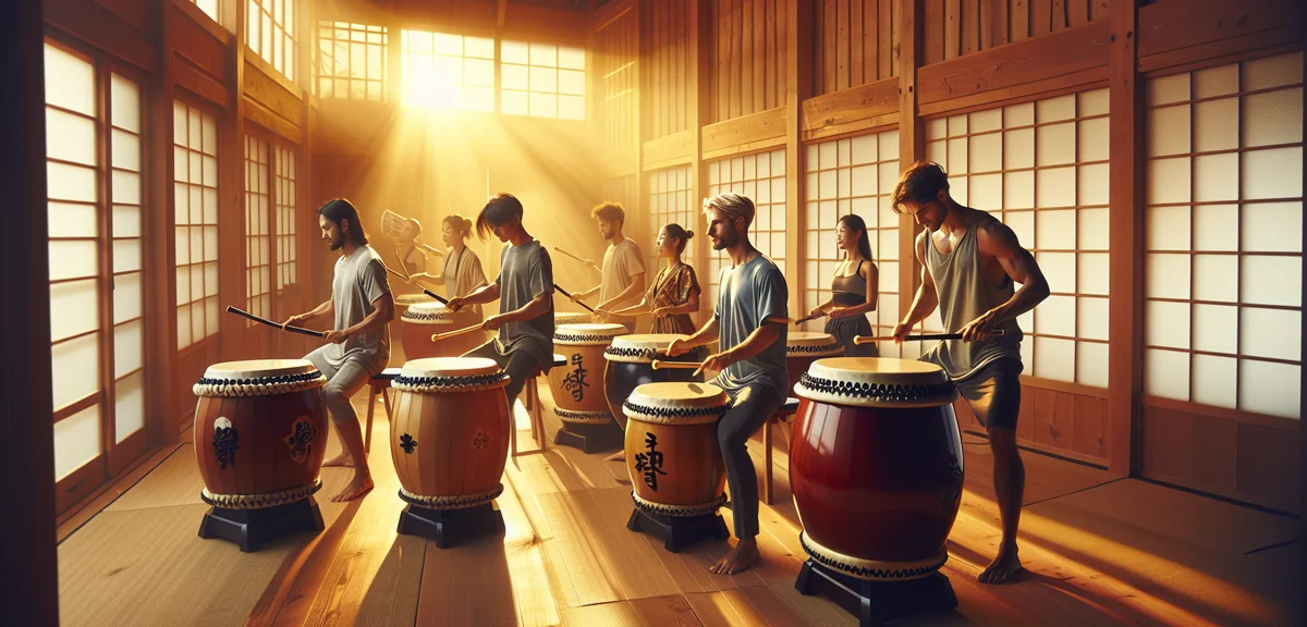 Group of people playing traditional Japanese taiko drums in wooden studio, dynamic action shot, prof